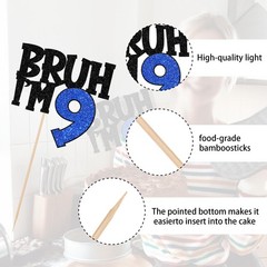 1 PCS Bruh I’m 9 Cake Topper Glitter Happy 9th Birthday Pick Blue Supplies