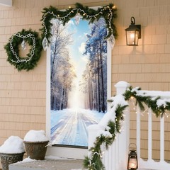 Christmas Door Cover for Front Christmas Door Decorations Festive Snowy Fores…