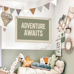 Adventure Nursery Decor, Adventure Awaits Wall Hanging Canvas Banner, Sage Gr…