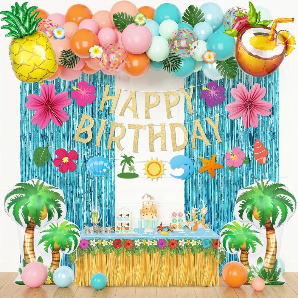 Summer Tropical Party Decorations Set – 59pcs Balloons, 8pcs Palm Leaves