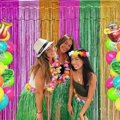 Hawaiian Luau Party Decorations, 2 Pack 3.28 x 6.56 Ft Foil Fringe Curtains
