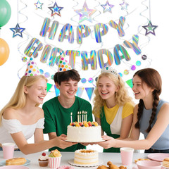 Iridescent Birthday Decorations with Holographic Pre-Strung Happy Birthday Banne