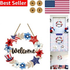 Wooden Wreath Rustic Welcome Sign, Festive 4th of July Front Door Decoration