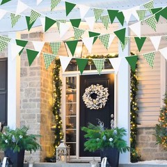 32Ft Green Party Decorations Green Buffalo Plaid Checkered White Triangle Fla…