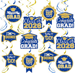 2026 Graduation Party Decorations – 30 Pcs Blue Gold Class of 2026 Congrats Grad