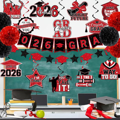 Red and Black Graduation Decorations 2026, 2026 Grad Banner and Congrats Grad Ha