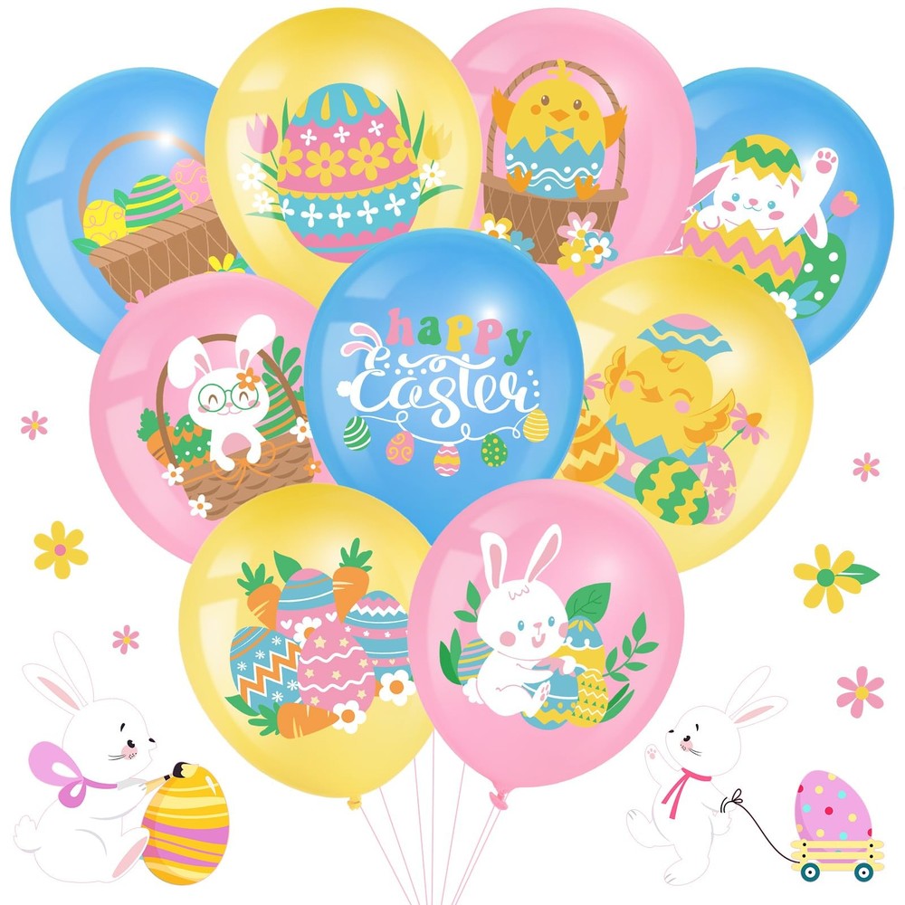 54 Pcs Happy Easter Balloons Decoration 12 Inch Easter Bunny Pastel Latex Bal…