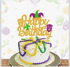 1Pc Mardi Gras Happy Birthday Cake Topper Glitter Masquerade Theme Fat Tuesday
