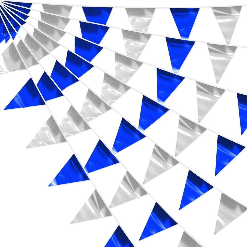 3P Blue Silver Party Decorations – Metallic Fabric Triangle Pennant Banner Fl…