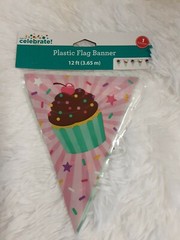 Way To Celebrate Birthday Plastic Flag Banner W/Cupcakes & Sprinkles 12 Ft. BNWT