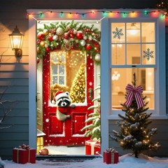 Christmas Door Cover Banners for Front Door Decorations Festive Raccoon Winte…