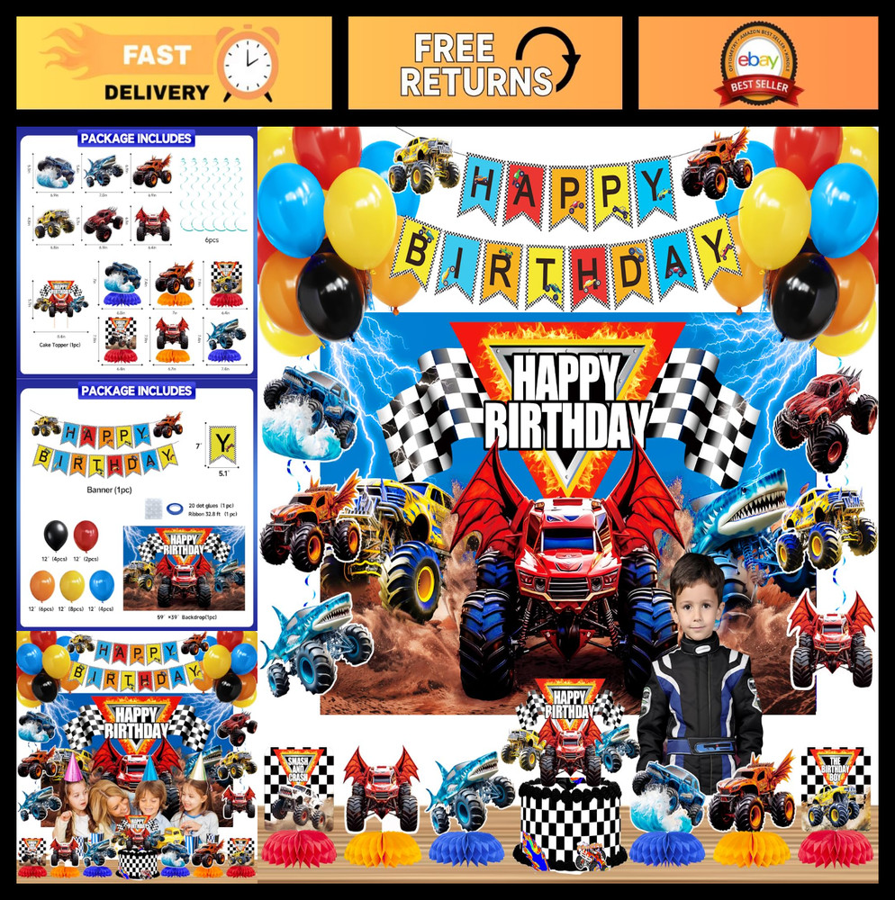 Monster Truck Birthday Party Decorations Kit – Racing Balloons, Banner, Centerpi
