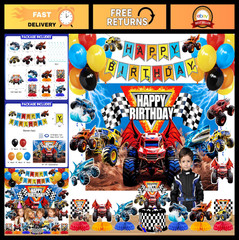 Monster Truck Birthday Party Decorations Kit – Racing Balloons, Banner, Centerpi