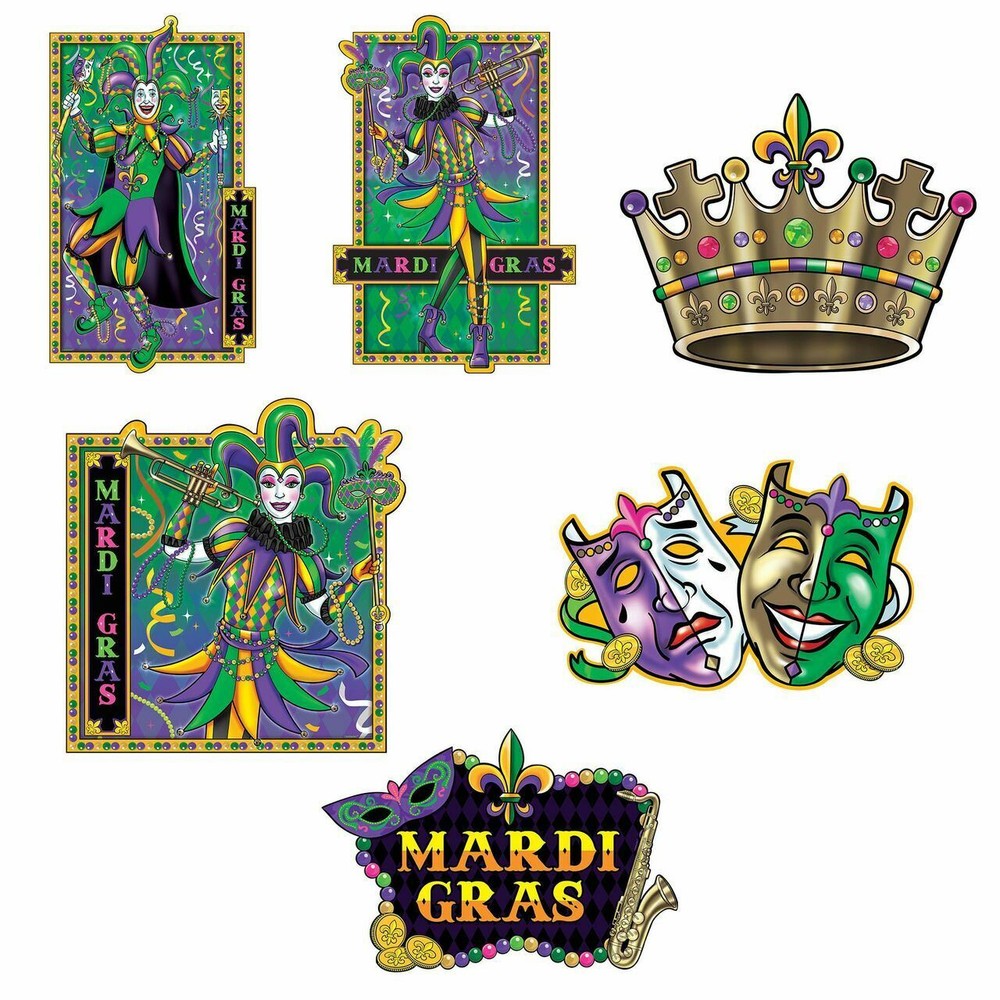 Mardi Gras Jumbo Cutouts Decorations 6 Ct Crown Jester Masks