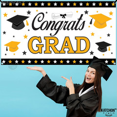 , Xtralarge Congrats Grad Banner – 72X44 Inch | White, Black and Gold Graduation