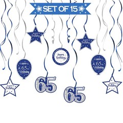 15 Pcs Happy 65th Birthday Blue Silver Glitter Swirls Streamers Decorations