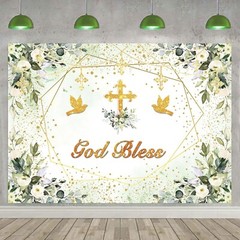 Greenery God Bless Backdrop 7x5ft Baptism Communion Banner Green Gold Decor