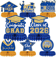 Class of 2026 Graduation Table Decor Congrats Grad Centerpieces Blue Gold 8Pk