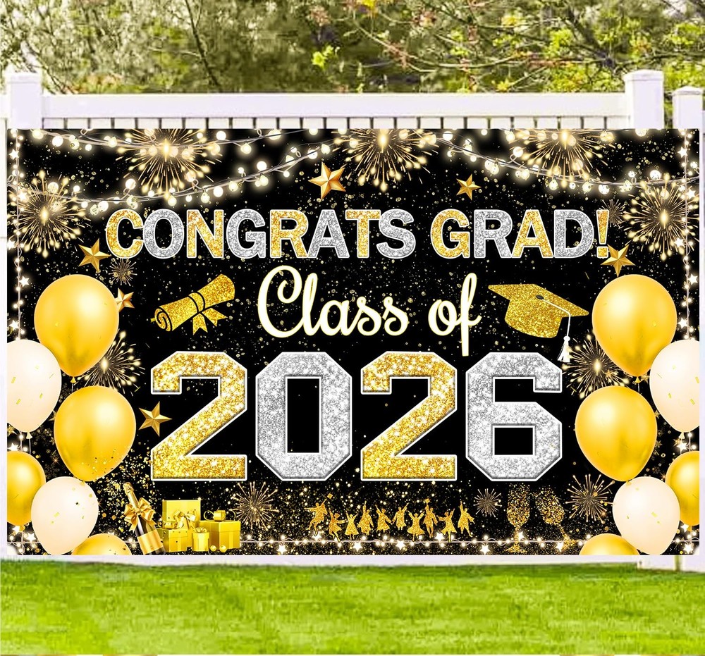 Congrats Grad Class of 2026 Hanging Banner Fabric Sign Poster Background Balloon