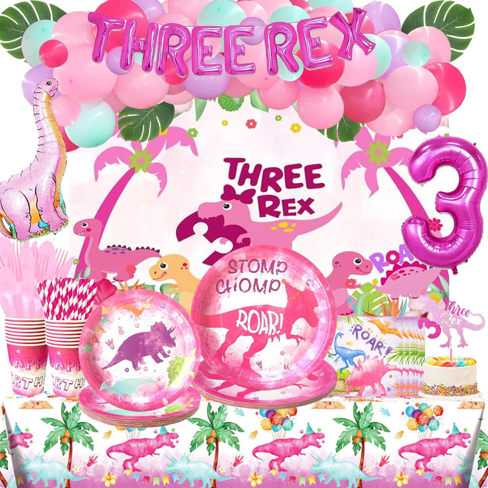 204 Pcs Three Rex Birthday Party Decorations Girl, Dinosaur 3Rd Birthday Party
