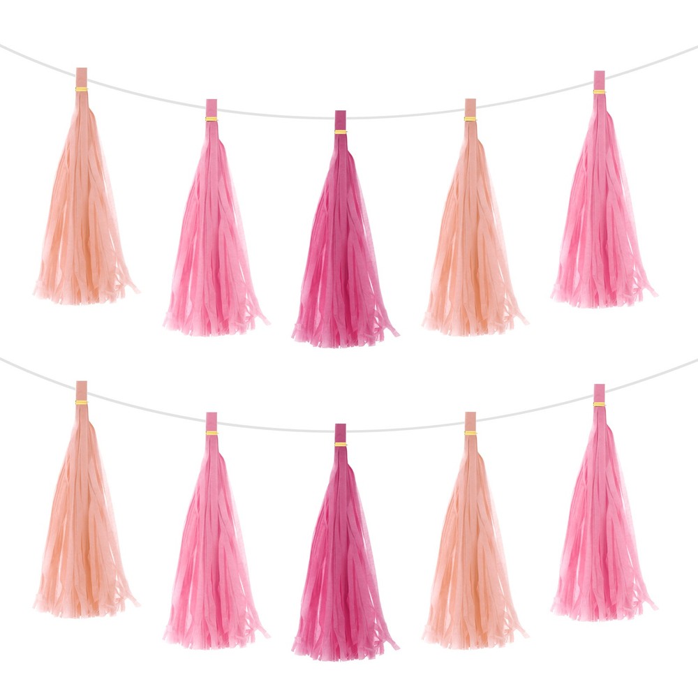 15Pcs Peach Pink, Pink, Rose Red Tassel Garland Banner with Rope