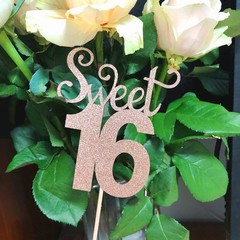 10-Pack Sweet 16 Centerpiece Sticks, Rose Gold Glitter, Number 16 Table Topper