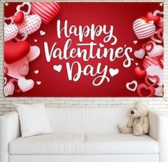 Happy Valentine’s Day Backdrop Banner 73 x 43 Inch Large Size Red Heart