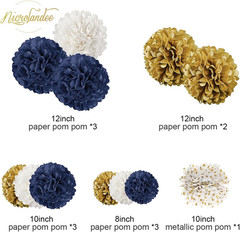 Wedding Party Decorations – 12 PCS Navy Blue and Gold Tissue Paper Pom Poms for