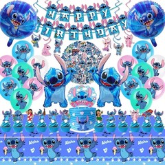 103PCS Stitch Theme Party Supplies Set – Banner, Balloons, Stickers, Cake Topper