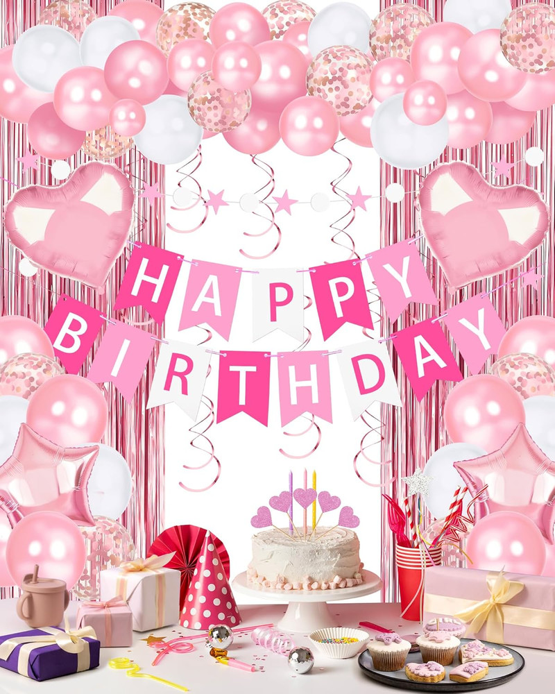 Pink Happy Birthday Party Decorations, Happy Birthday Banner, Pink Foil Heart St