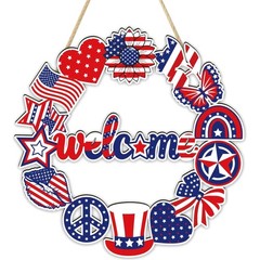 4th of July Decorations Wooden Wreath Front Door Sign Red White Blue