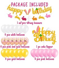 Bunny Birthday Decorations Kit Rabbit Theme Happy Birthday Banner Cake Topper 📦