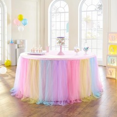 72in Rainbow Tulle Table Skirts for Rectangle Tables 6/4ft, 2-Layer Pastel Co…