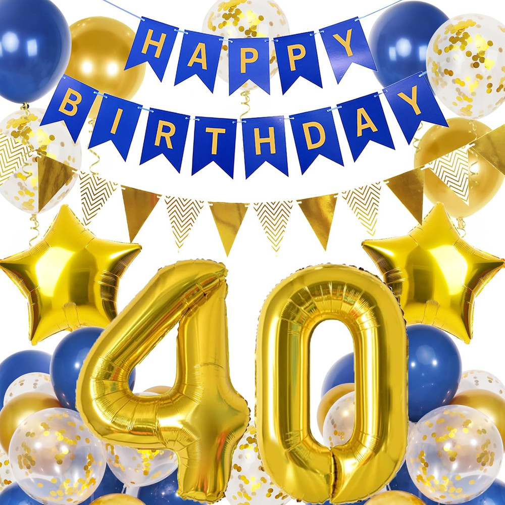 40Th Birthday Decorations for Men, Navy Blue Gold Balloons and Happy Birthday Ba