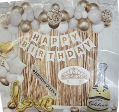 Birthday Decor QUEEN Gold & White Banner, Crown, Balloons. Backdrop, Sash 51 Pcs