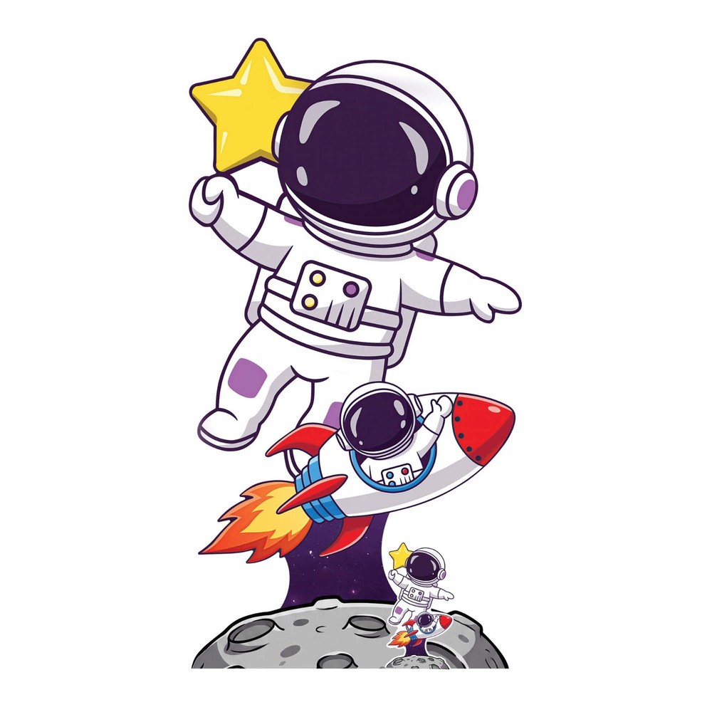 Astronaut with Rocket Cartoon Cardboard Cutout Over Moon Standee 173cm x 94cm