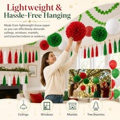 43Pcs Red, Green & White Party Decorations Supplies – Paper Pom