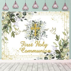 First Holy Communion Backdrop Greenery God Bless Baptism Party Backdrop Christen