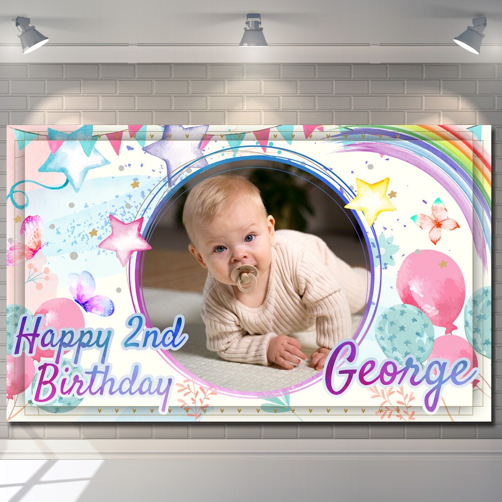Birthday Backdrop Background Banner photo rainbow flower girl boy man kid Party