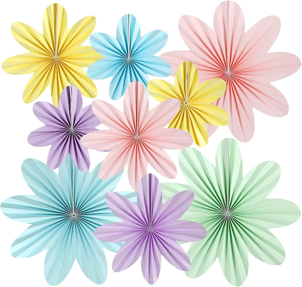 Paper Flowers Decorations for Wall, 9 PCS Paper Fans Party Decorations, Pastel