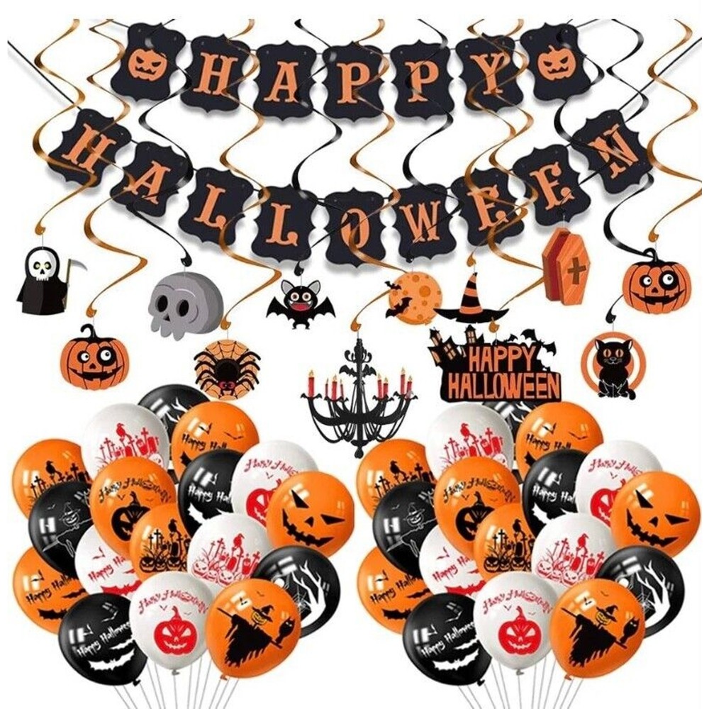 81pc Halloween Party Decorations Pack Banner Balloons Hanging Swirls Pumpkin Bat