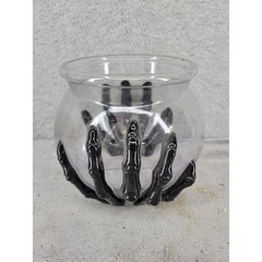 Halloween Witch Cauldron Candy Bowl Holder Plastic Black Skeleton Hands Table