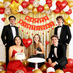 Red and Gold Birthday Decorations for Women with Happy Bithday Banner, Curtains,