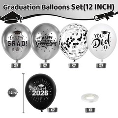 2026 Graduation Balloons Black White Silver Congrats Grad Party Decor 12 Inch
