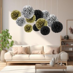 Black Gold Silver Tissue Paper Pom Poms Hanging Flower Ball Decor 18 PCS
