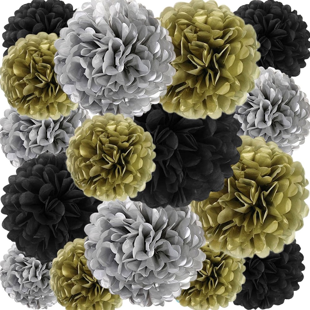 Black Gold Silver Tissue Paper Pom Poms Hanging Flower Ball Decor 18 PCS