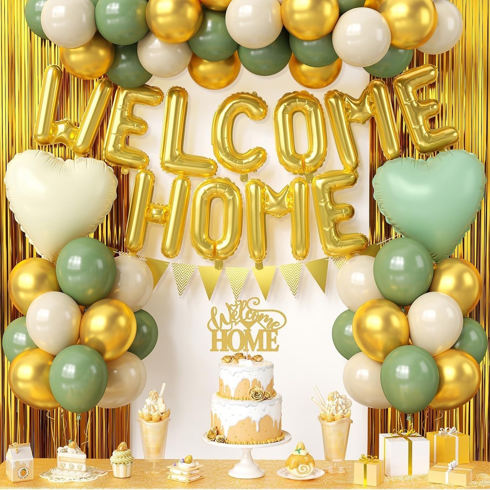 Welcome Home Decorations Sage Green Gold,Welcome Home Balloon Banner with Hea…