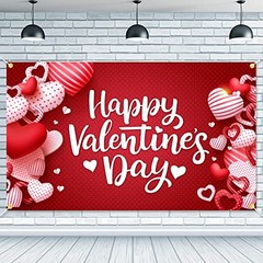 Happy Valentine’s Day Backdrop Banner 73 x 43 Inch Large Size Red Heart