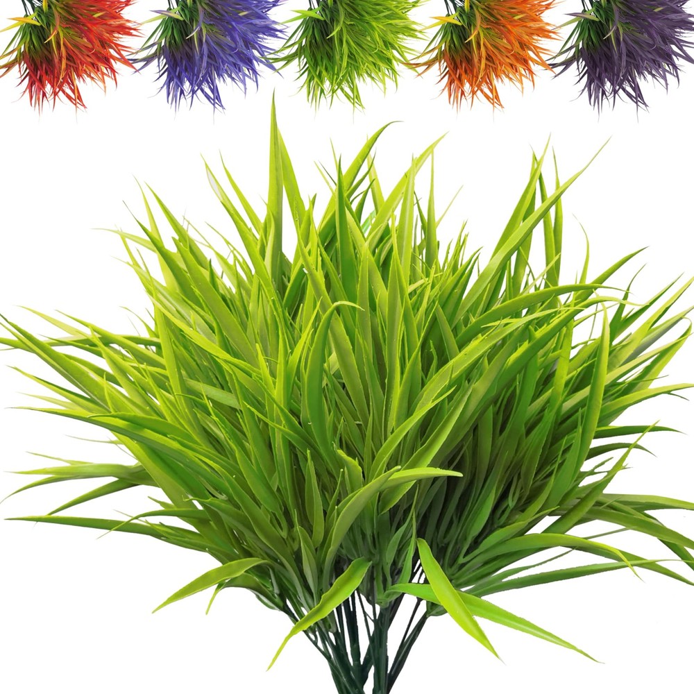 FANMINI Outdoor Artificial Plants 8 Bundles Fake Grass UV Green