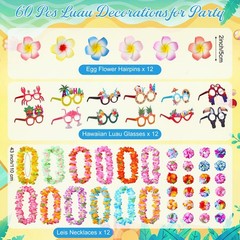60 Pcs Hawaiian Leis Party Decorations – Luau Theme Glasses, Flower Clips & Wris